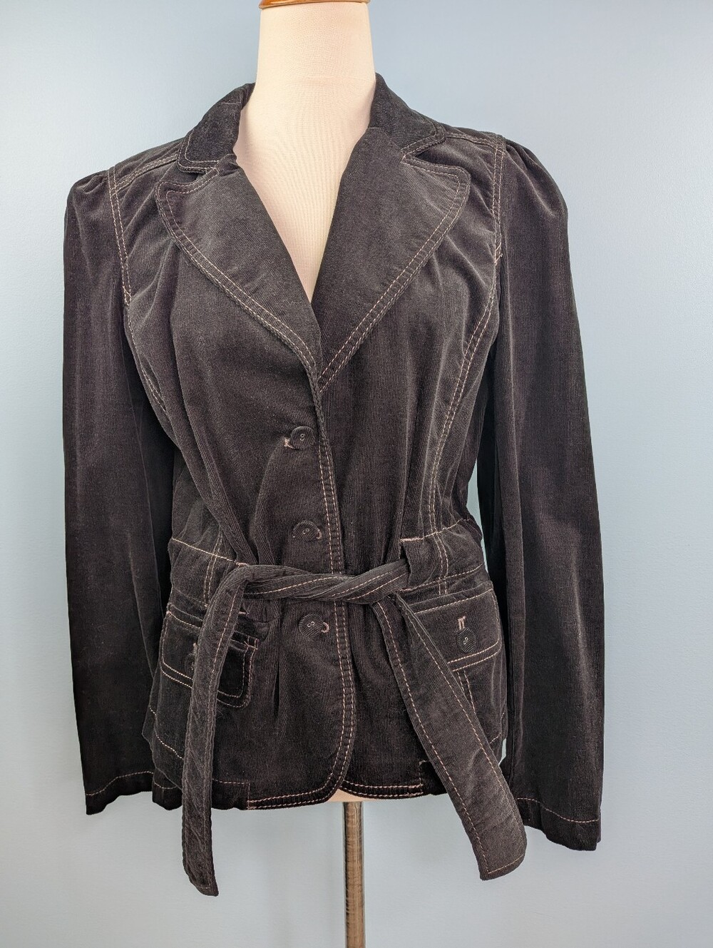 Ann Taylor LOFT Vintage Black Corduroy Belted Blazer Jacket Size 12